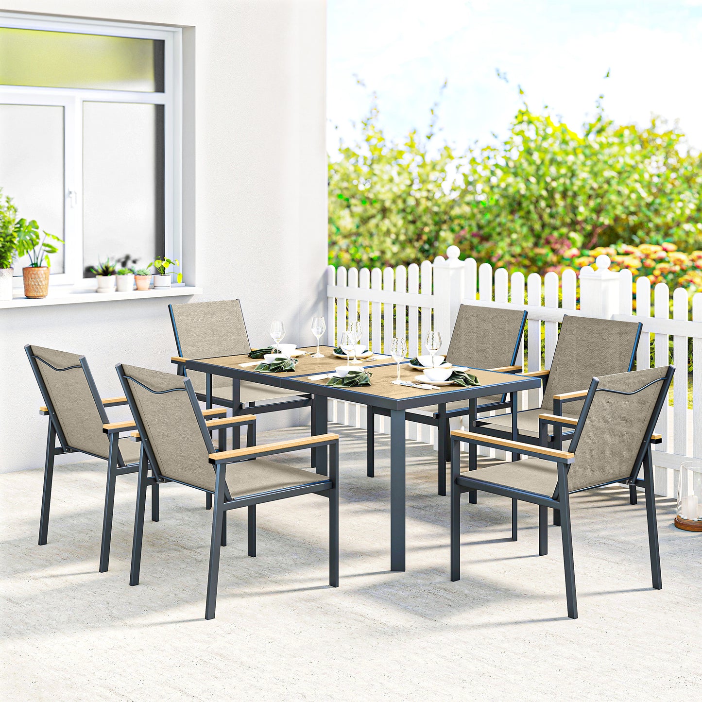 Seven-Piece Metal Garden Dining Set, with Glass-Top Table - Khaki