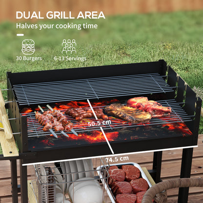 Charcoal BBQ Grill, Barbecue Trolley with Double Adjustable Grill, Side Table
