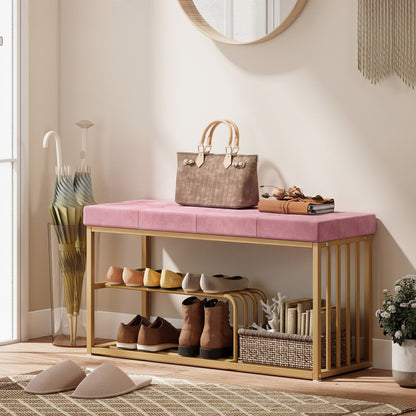 Bench and Shoe Storage, Tufted Shoe Storage Bench with Velvet Seat Cushion Gold Steel Frame for Entryway, Pink