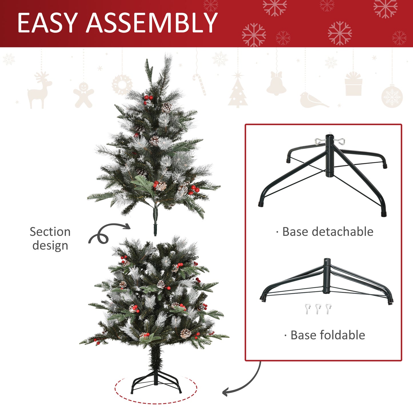 5FT Artificial Snow Dipped Christmas Tree Xmas Pencil Tree Holiday Home Party Decoration with Foldable Feet Red Berries White
