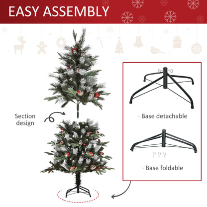 5FT Artificial Snow Dipped Christmas Tree Xmas Pencil Tree Holiday Home Party Decoration with Foldable Feet Red Berries White
