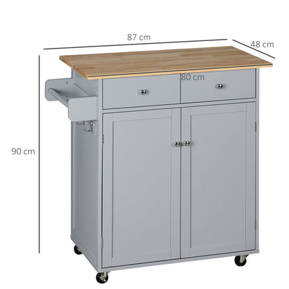 Rolling Kitchen Island on Wheels, Utility Serving Cart with Rubber Wood Top, Towel Rack, Hooks and Storage Drawers, Grey