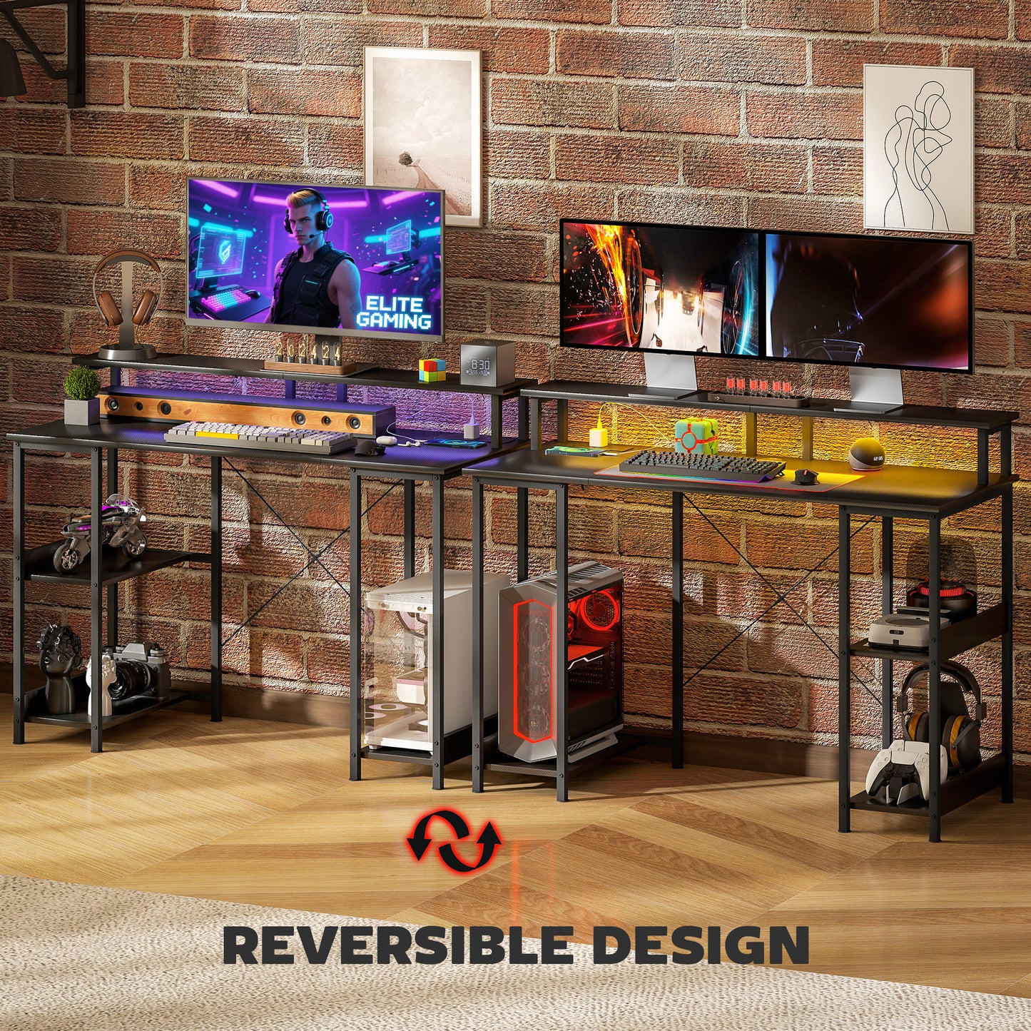 LED Computer Desk, with Power Outlets and Shelves - Carbon Fibre Grey