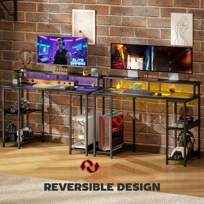 LED Computer Desk, with Power Outlets and Shelves - Carbon Fibre Grey