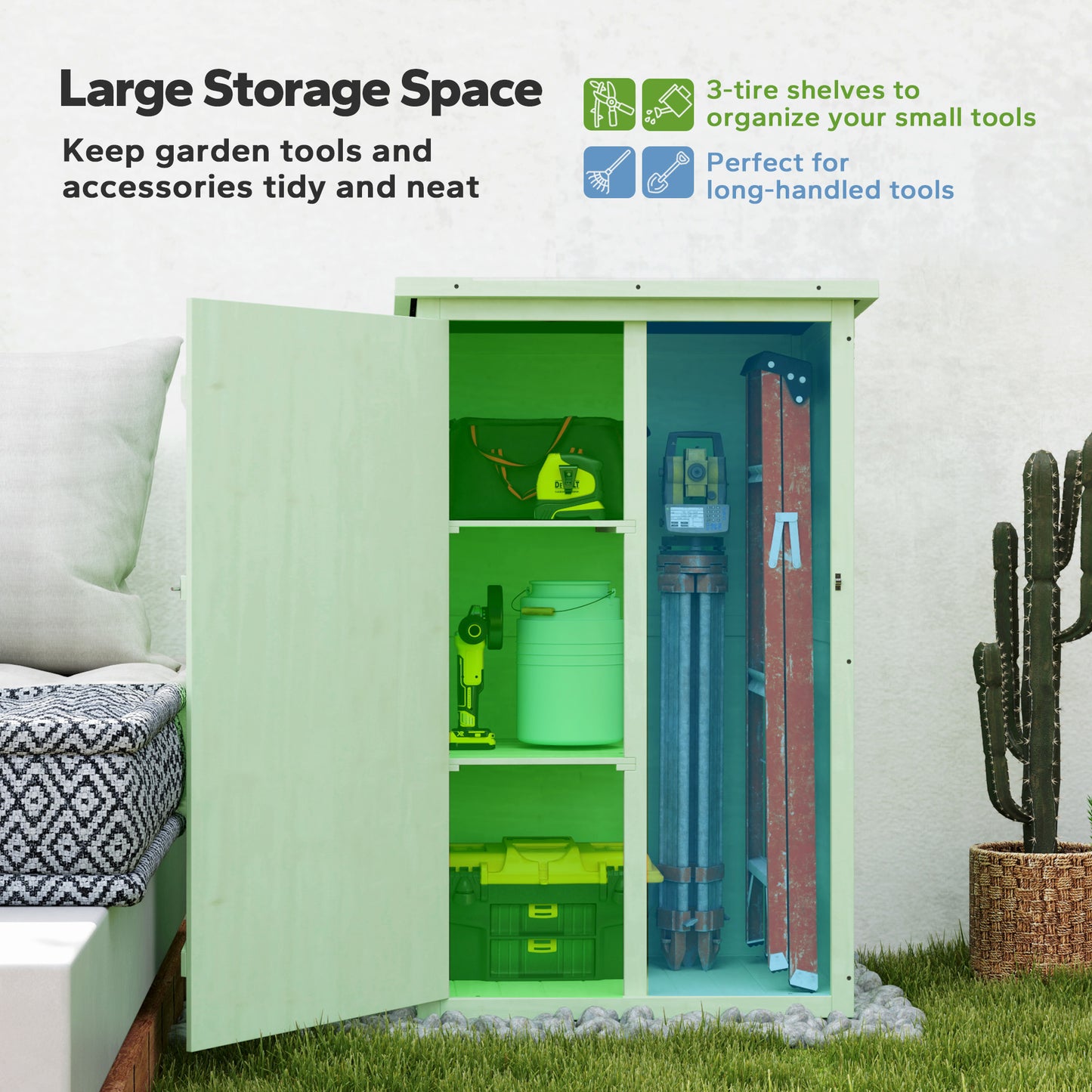 Wooden Small Shed, Garden Storage Shed with Shelves and Bolt Latch, 75L x 56W x115H cm, Green