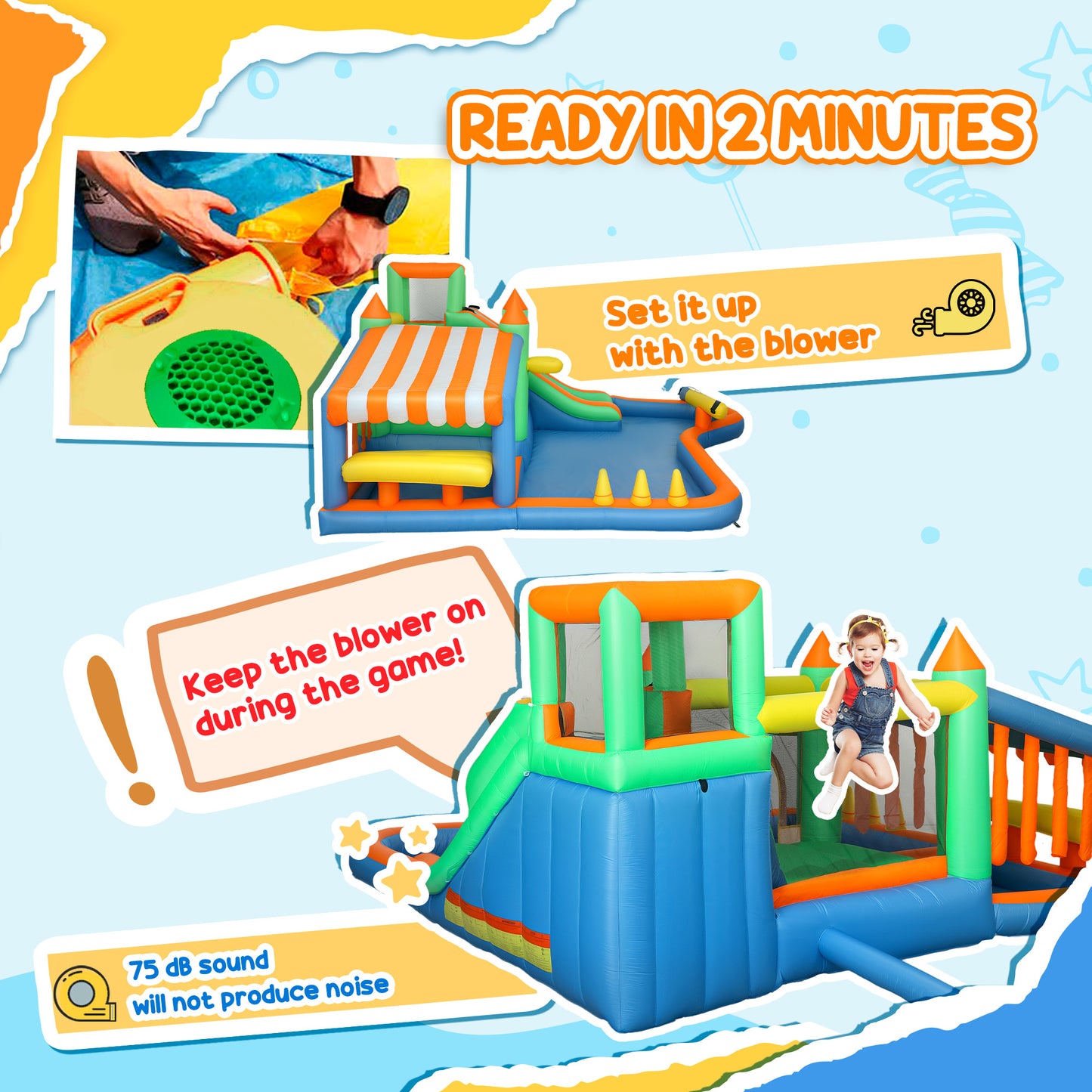 8 in 1 Inflatable Bounce House with 550W Blower, Slide, 2 Pools, Basketball Hoop, Climbing Wall, Water Gun, Ring Toss