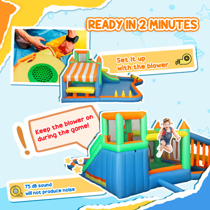 8 in 1 Inflatable Bounce House with 550W Blower, Slide, 2 Pools, Basketball Hoop, Climbing Wall, Water Gun, Ring Toss