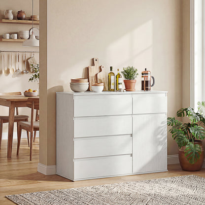 Modern Chest Of Drawers, 5 Drawer Dresser with Adjustable Shelf, Soft-Close Door, White