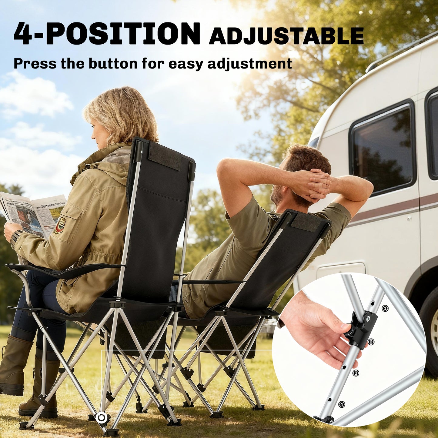 Set of 2 Reclining Folding Camping Chair w/ Detachable Footrest, Storage Bag, Cup Holder & Headrest