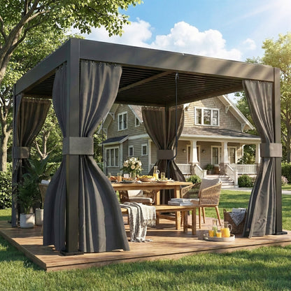 3 x 3 m Louvered Pergola with Adjustable Metal Louvred Roof, Aluminium Patio Gazebo with Netting and Curtains, Dark Grey