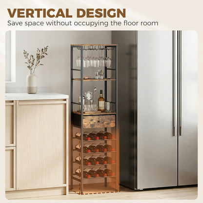 Industrial Wine Bar Cabinet Freestanding Liquor Cabinet 16-Bottle Wine Rack Glass Holder Rustic Brown