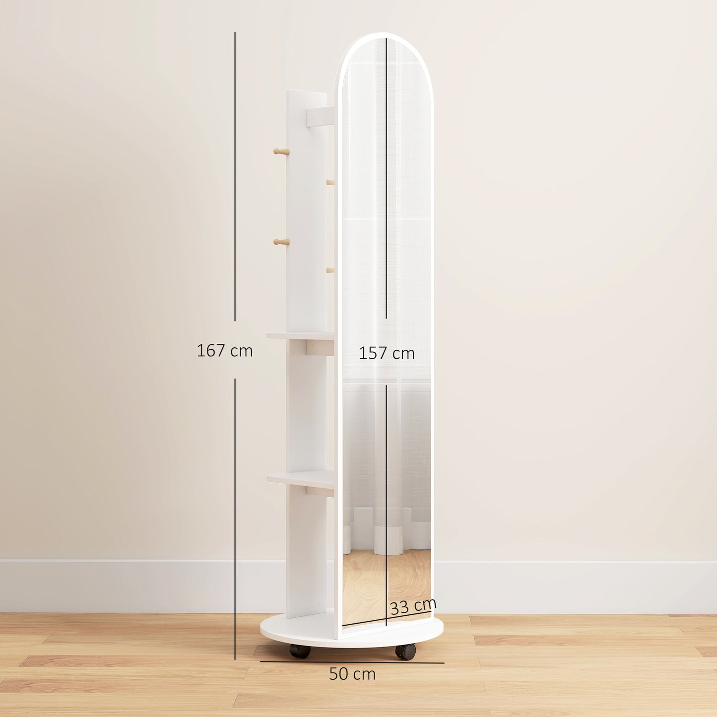 2-in-1 Full Length Mirror with Storage Shelves, Floor Mirror with 4 Wheels, Coat Rack, Hooks, White