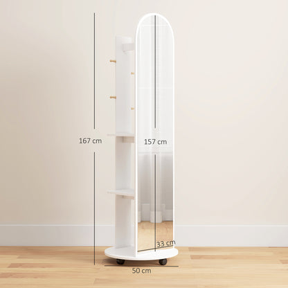 2-in-1 Full Length Mirror with Storage Shelves, Floor Mirror with 4 Wheels, Coat Rack, Hooks, White