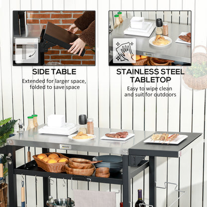 Multi-Feature BBQ Grill Table, with Stainless Steel Top - Black
