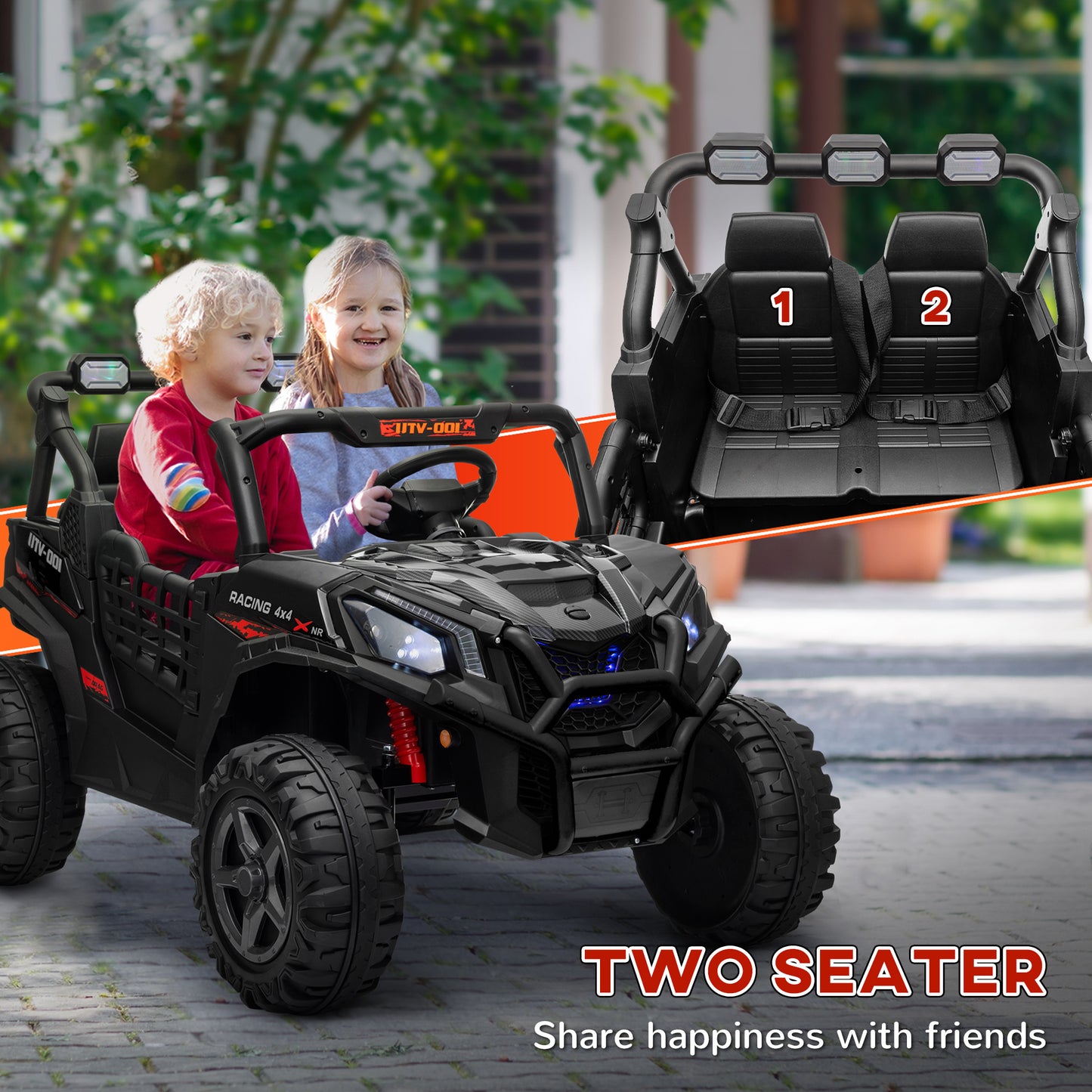 24V 2 Seater Kids Electric Car with Remote Control, Suspension System, Slow Start, 3 Speeds, for 3-8 Years, Black