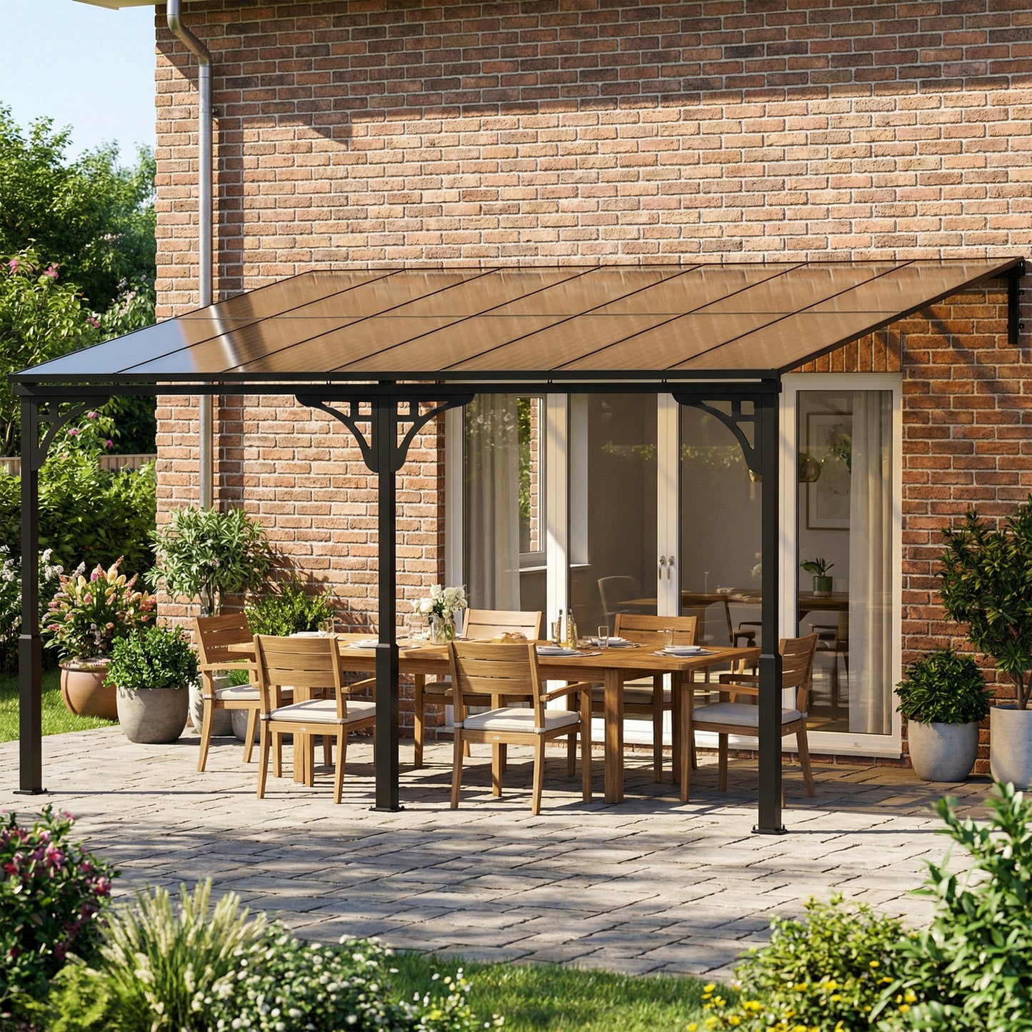 4 x 3 m Metal Lean-to Pergola, Wall-Mounted Garden Pergola with Polycarbonate Roof and Metal-Aluminium Frame