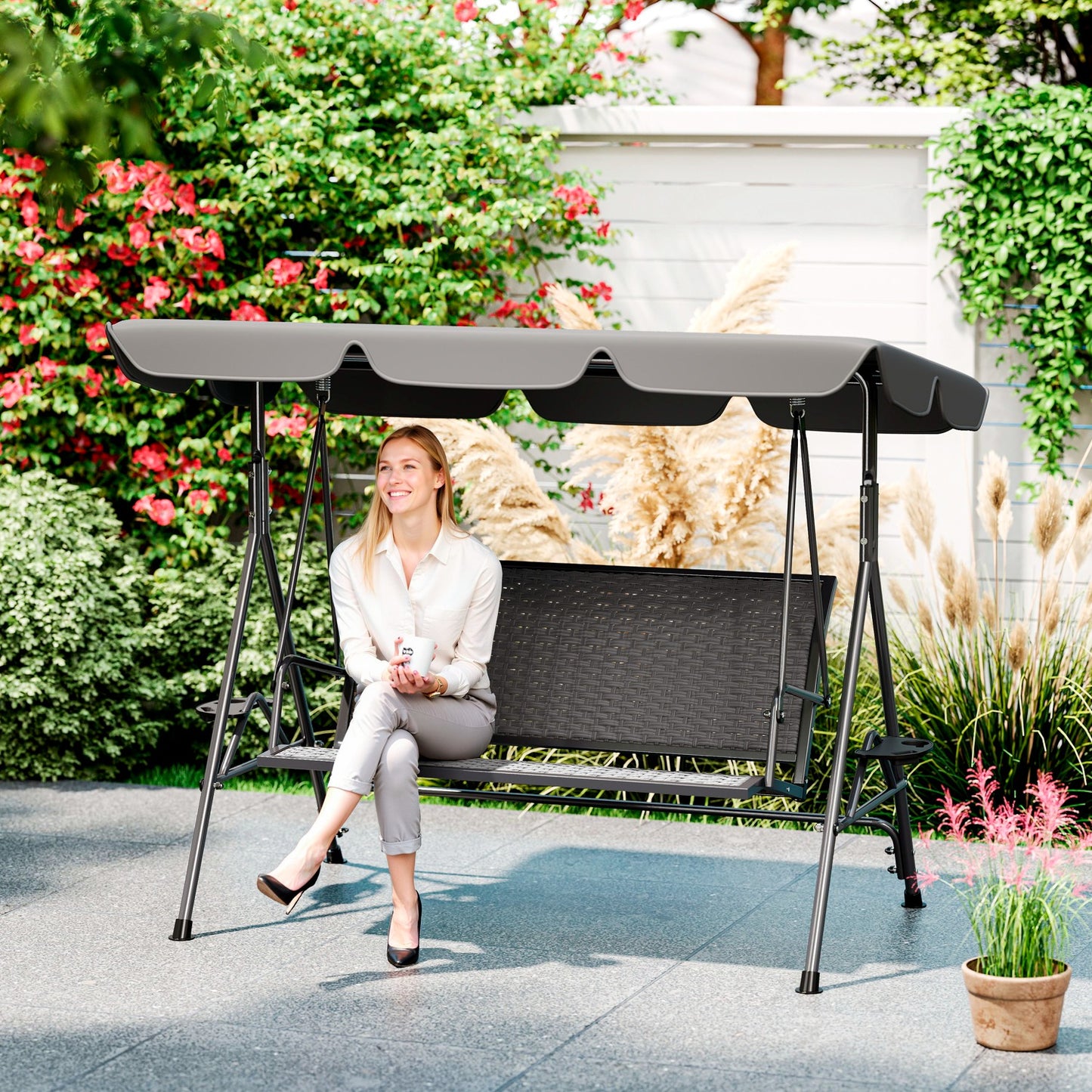 3 Seater Swing Chair, Garden Swing Seat Bench with Adjustable Canopy, Rattan Seat and Steel Frame for Patio, Yard, Grey