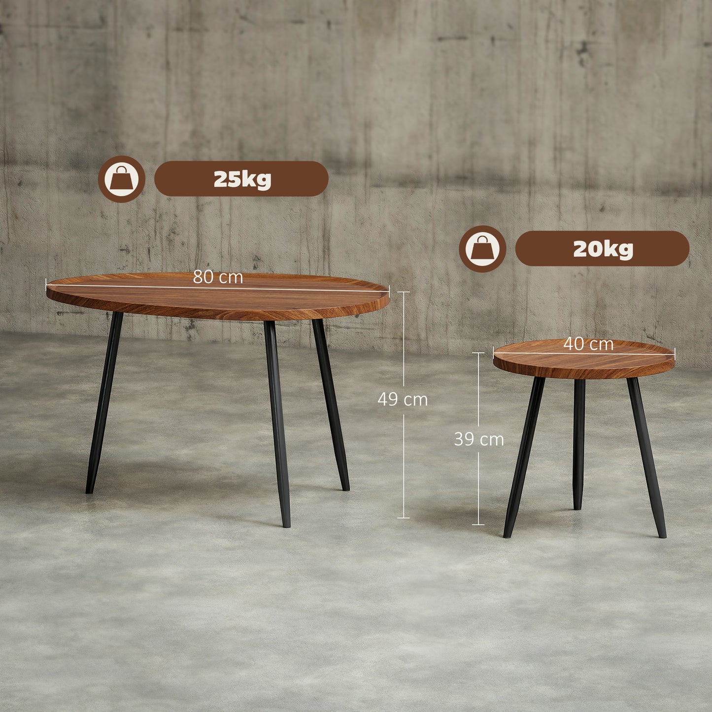 Nesting Coffee Table Set of 2, 80cm Modern Stacking End Side Table with Metal Legs for Living Room Bedroom Office