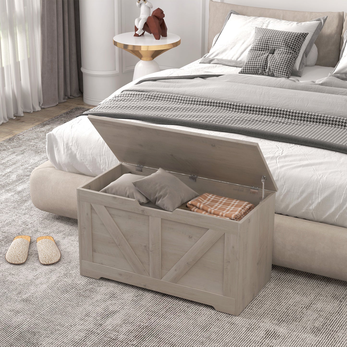 100L Home Storage Box, with Safety Hinge - Grey Wood-Effect