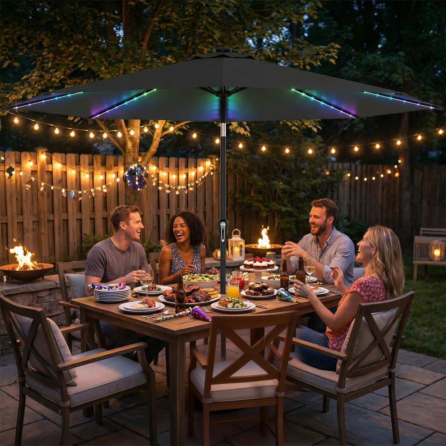 3 m Garden Parasol Umbrella with 112 Solar Powered LED Lights, Patio Umbrella with Crank Handle, Grey