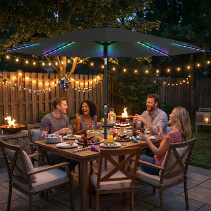 3 m Garden Parasol Umbrella with 112 Solar Powered LED Lights, Patio Umbrella with Crank Handle, Grey