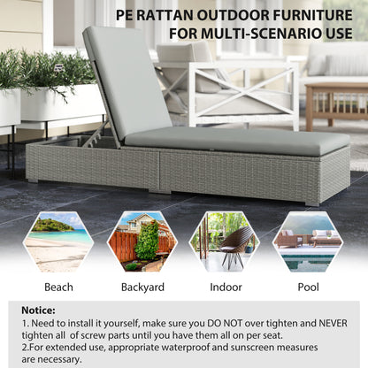 Rattan Sun Lounger, Five-Position Reclining Garden Lounger Bed with Cushion, Light Grey