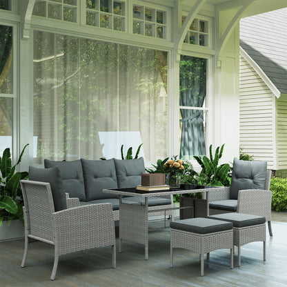 7 Seater Rattan Garden Furniture Set, 6 Piece Patio Dining Set, Armchairs, 3-Seater Sofa, Footstools, Glass Dining Table