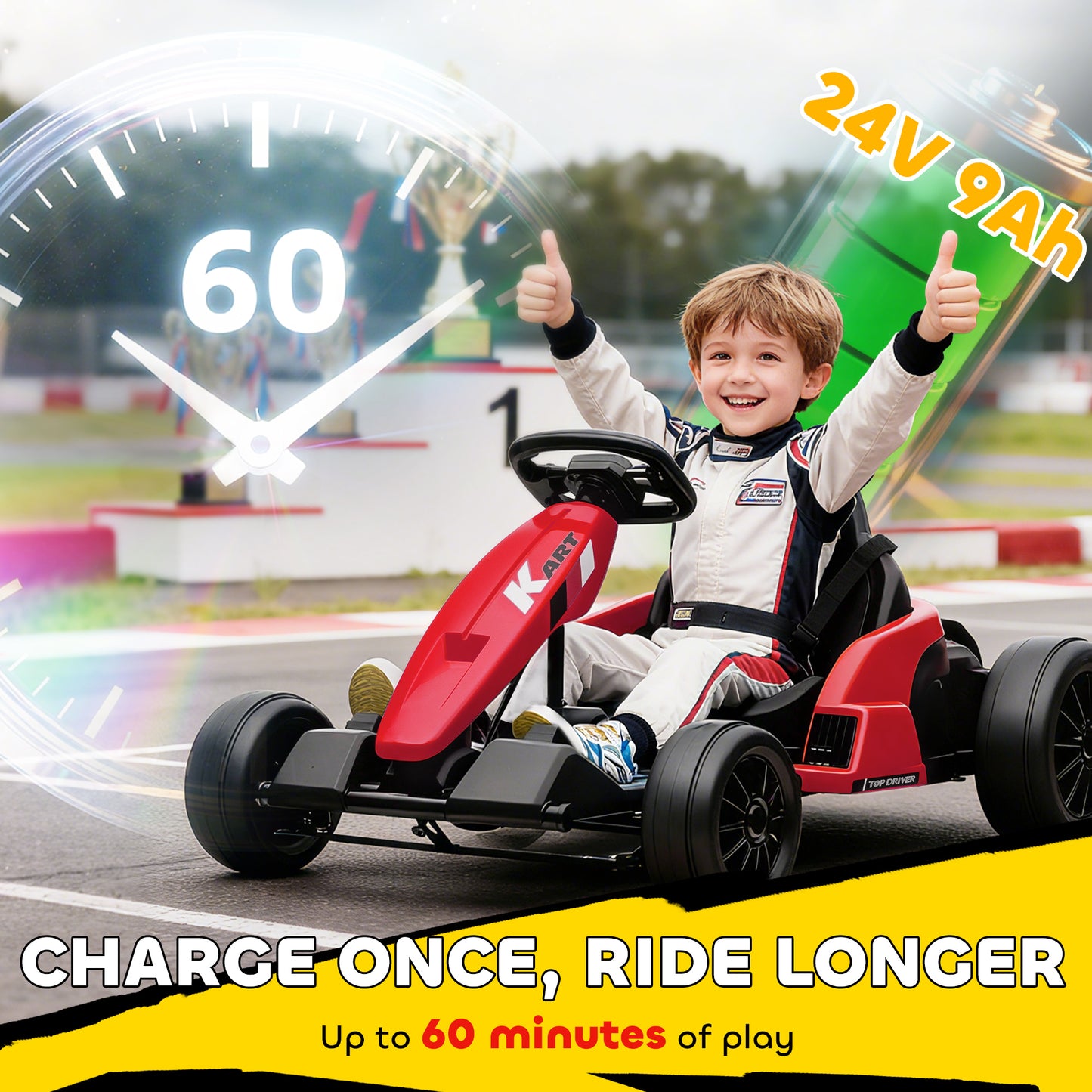 24V Electric Go Kart, Drift Kart with Adjustable Seat, Slow Start, 5-Point Harness, Music, for 6-12 Years, Red