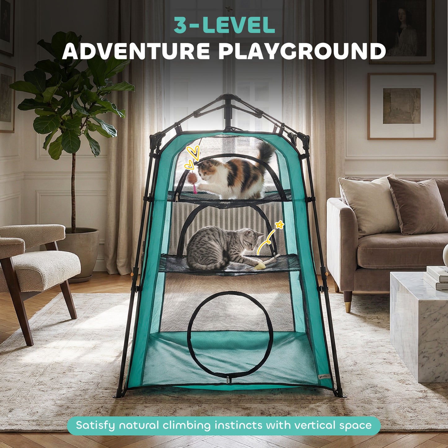 Cat Tent, 3-Tier Portable Pet Tent for Indoor Outdoor, Cat House with Multi-Door, Carry Bag, Breathable Mesh