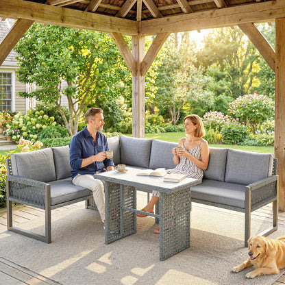 6 Seater Rattan Garden Furniture Set with 3 Loveseats, Table, Patio Rattan Corner Sofa Set, Grey