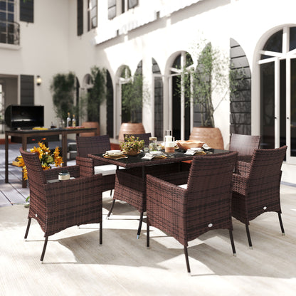 6 Seater Rattan Dining Set with Cushions, Rattan Garden Furniture Set with 6 Armchairs, Rectangular Glass Top Table