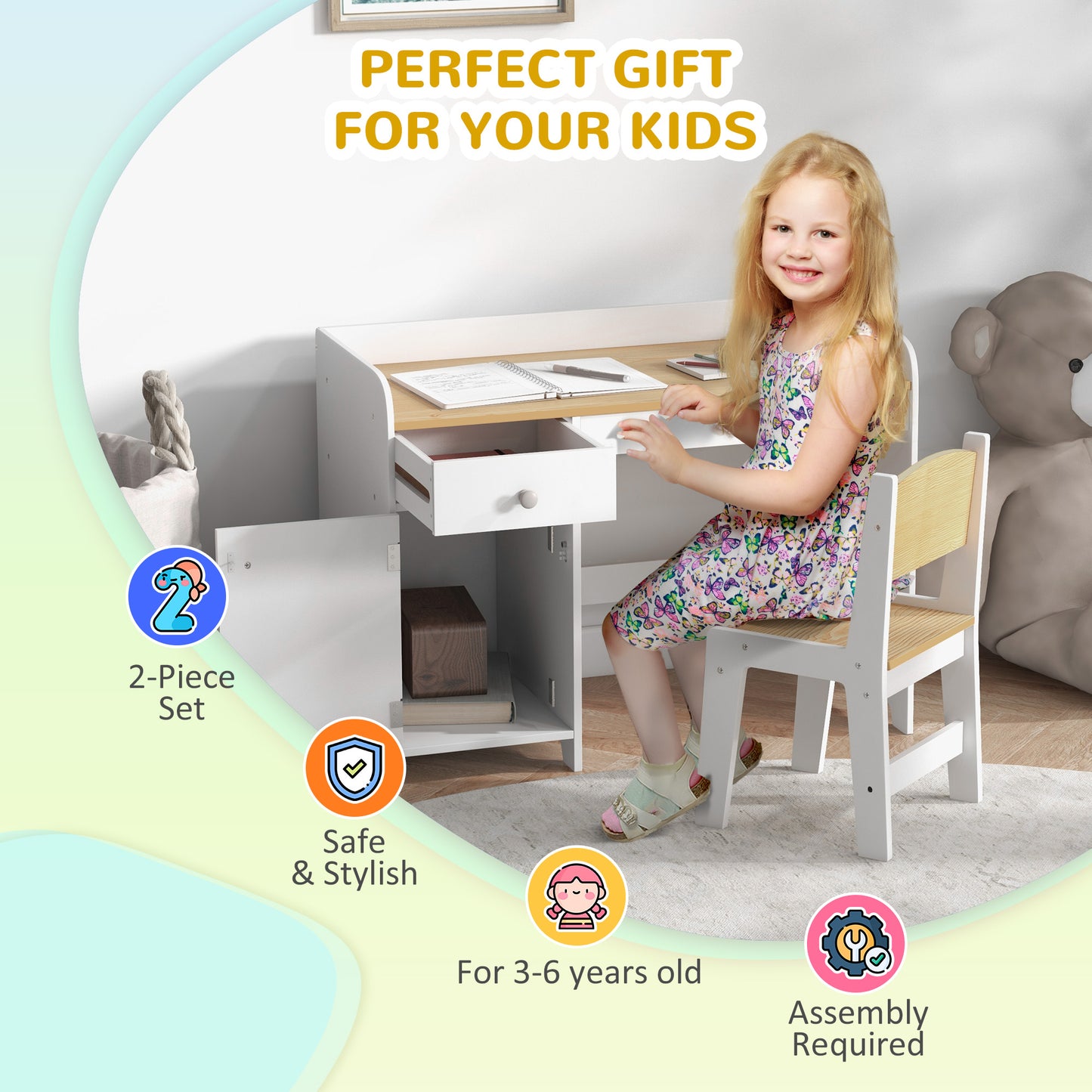 ZONEKIZ Kids Desk and Chair Set for 3-6 Years with Storage Drawer, Study Table and Chair for Children - White