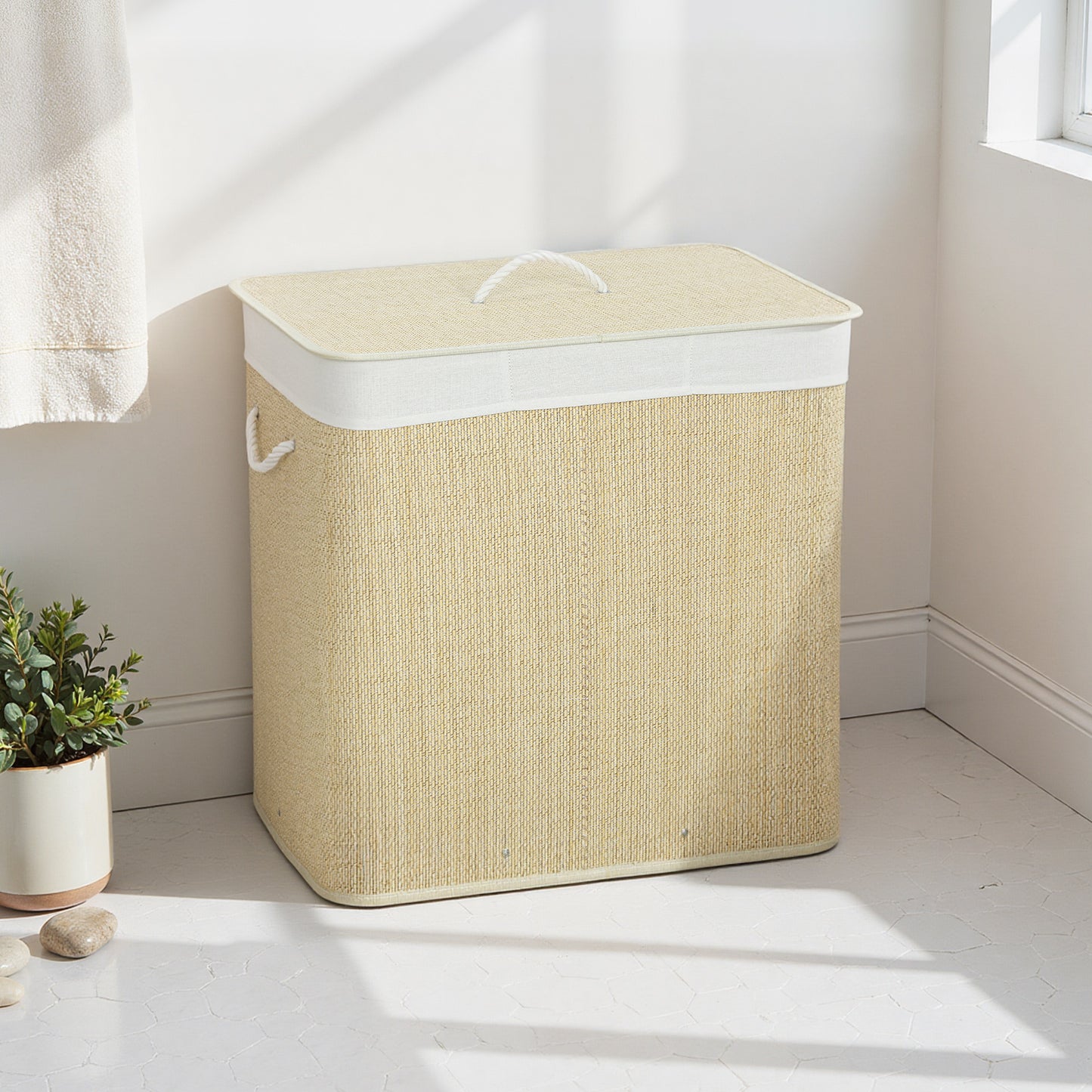 3 Section Laundry Basket with Lid, 144L Bamboo Laundry Hamper with Handles, Removable and Washable Liner, Cream White