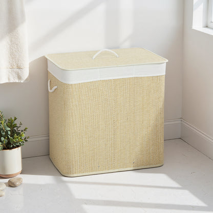3 Section Laundry Basket with Lid, 144L Bamboo Laundry Hamper with Handles, Removable and Washable Liner, Cream White