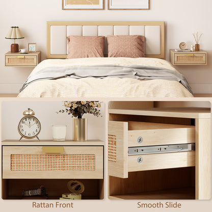 Floating Bedside Tables Set of 2, Wall Mounted Bedside Cabinets with Rattan Drawer and Wood Effect, Oak