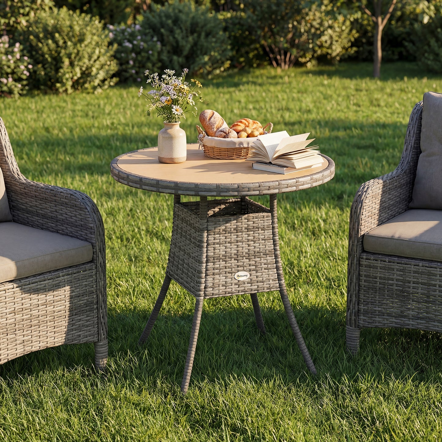 70 cm Wood-Effect Rattan Garden Table - Natural Wood Finish