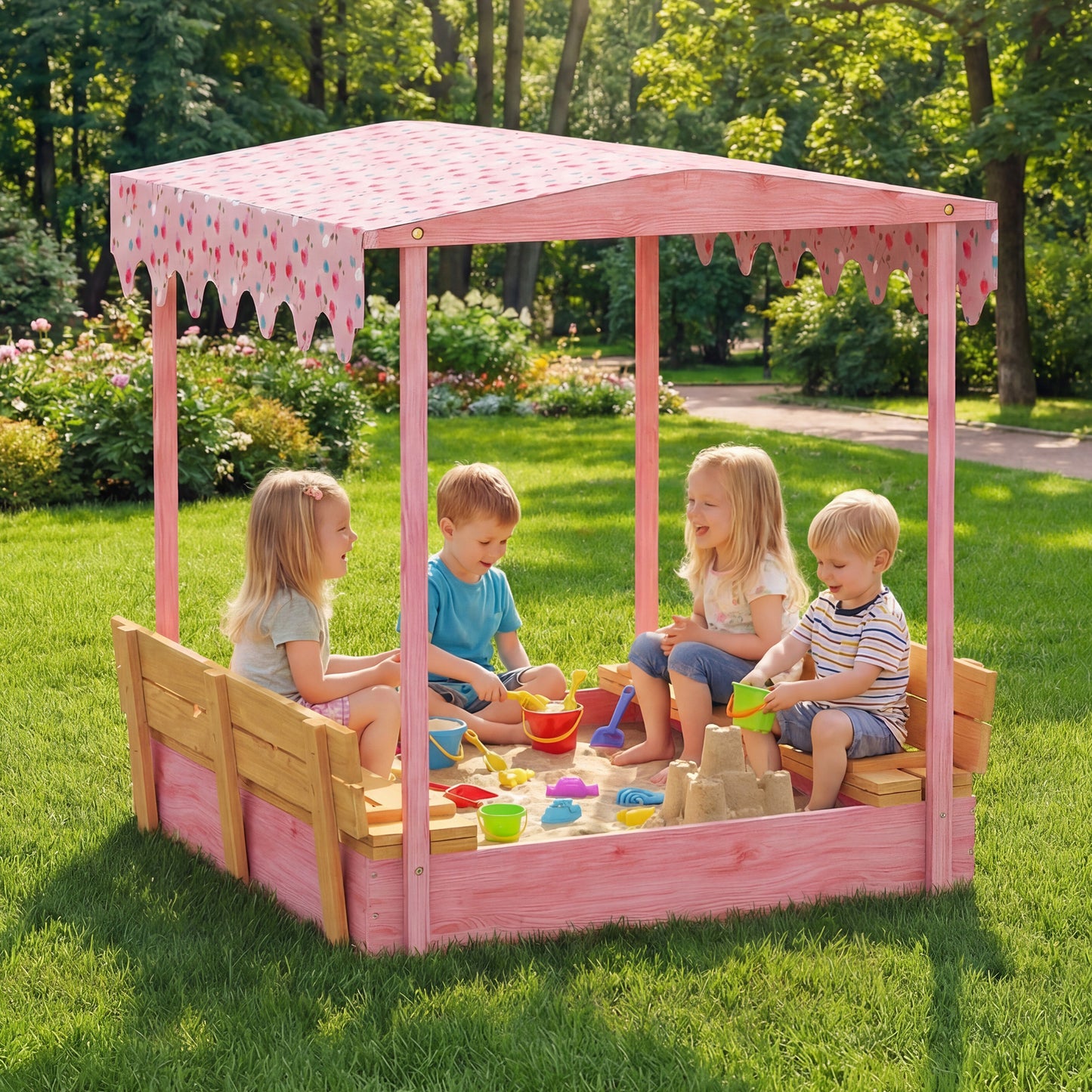 Wooden Sandbox with Lid, Flamingos Print Canopy, Kids Outdoor Sand Pit with Foldable Bench Seats, Bottom Liner, Pink