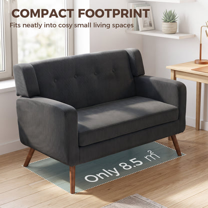 2 Seater Sofa, 118 cm Corduroy Small Loveseat with Spring Cushion, Wood Legs for Small Space, Living Room, Dark Grey