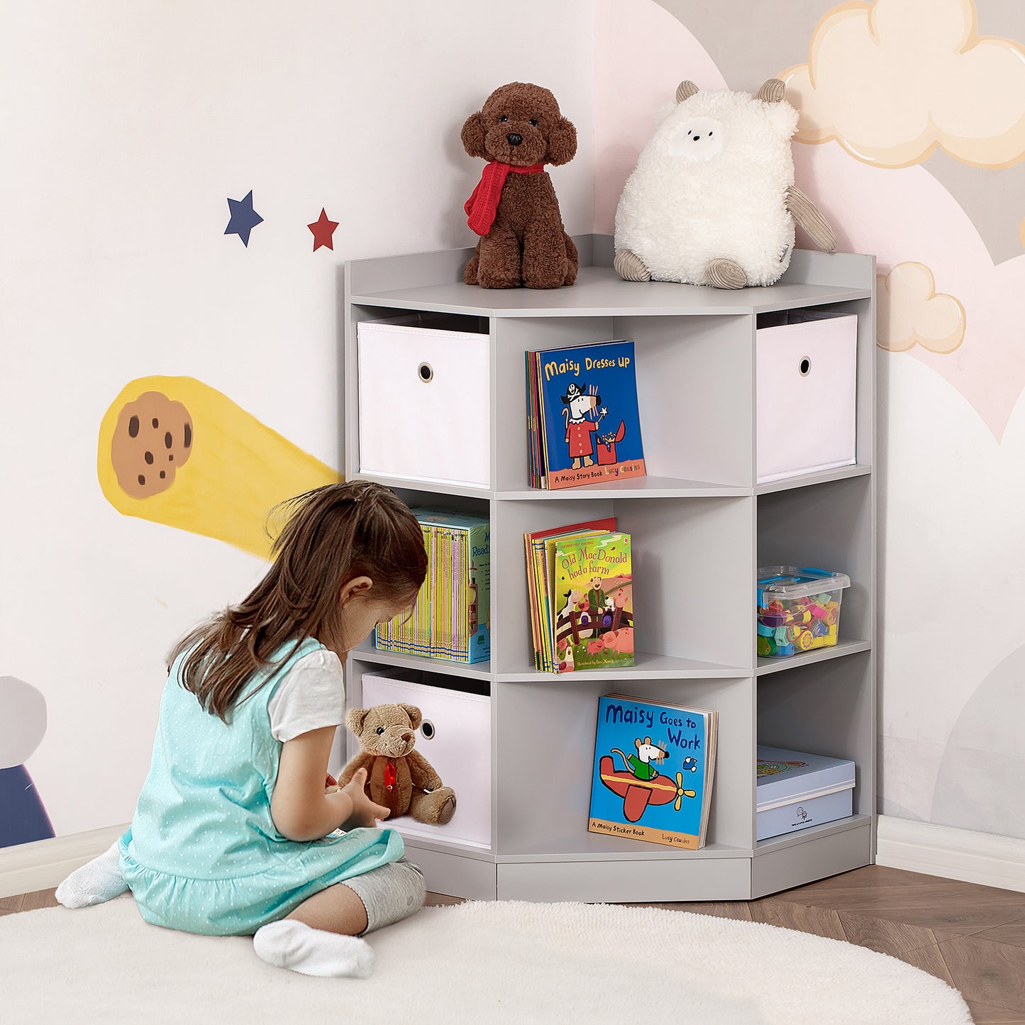 Kids Bookcase, 3 Tier Toy Organiser Storage Unit BookShelf with 3 Non-woven Fabric Drawers, Anti-tip Device, for Bedroom