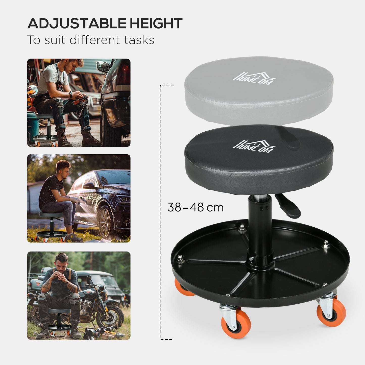 Rolling Mechanical Stool, Pneumatic Adjustable Workshop Stool with Tool Tray, Wheels - Black
