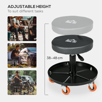 Rolling Mechanical Stool, Pneumatic Adjustable Workshop Stool with Tool Tray, Wheels - Black