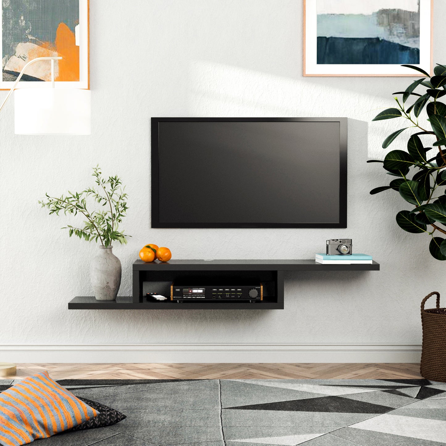 Floating TV Unit, Wall Mounted TV Stand with Open Shelf and 2 Cable Holes, Entertainment Unit for Living Room, Black