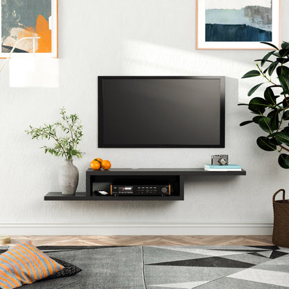 Floating TV Unit, Wall Mounted TV Stand with Open Shelf and 2 Cable Holes, Entertainment Unit for Living Room, Black