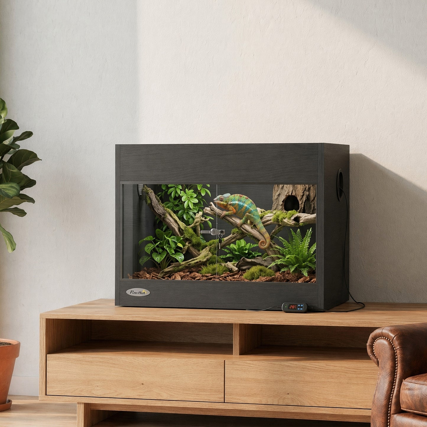 Reptile Terrarium, Reptile Vivarium with Glass Doors, Secure Lock, Top Ventilation for Snake, Gecko, 60x45x45cm, Black