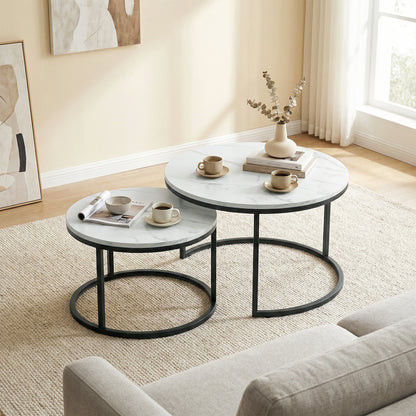 Set of Two Marble-Effect Stacking Tables - White