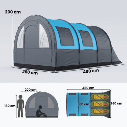 Three Man Duo Room Tunnel Tent, with Accessories - Grey/Blue