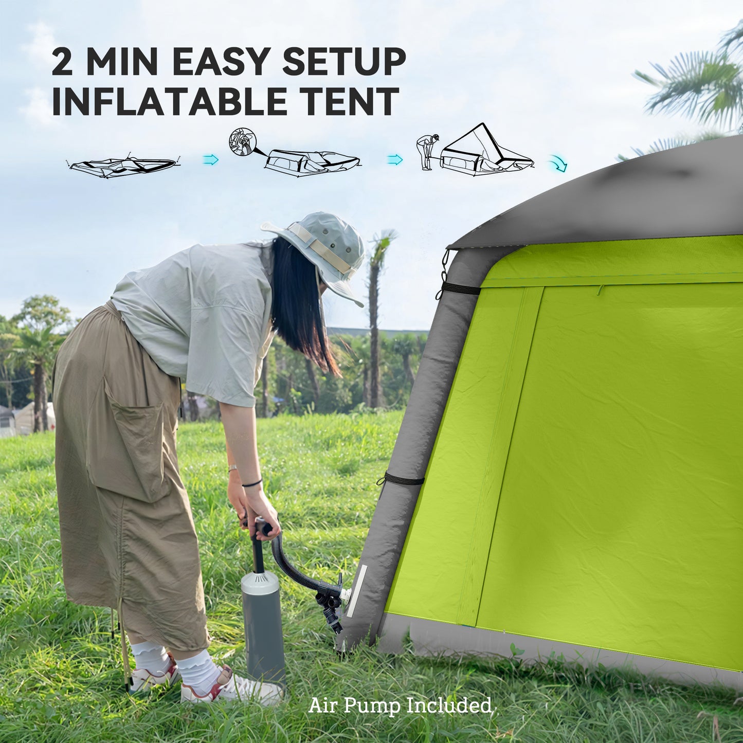 Inflatable Camping Tent w/ Hand Pump, Easy Setup 1/2 Person Blow Up Tent Waterproof 190T Taffeta w/ Mesh Windows
