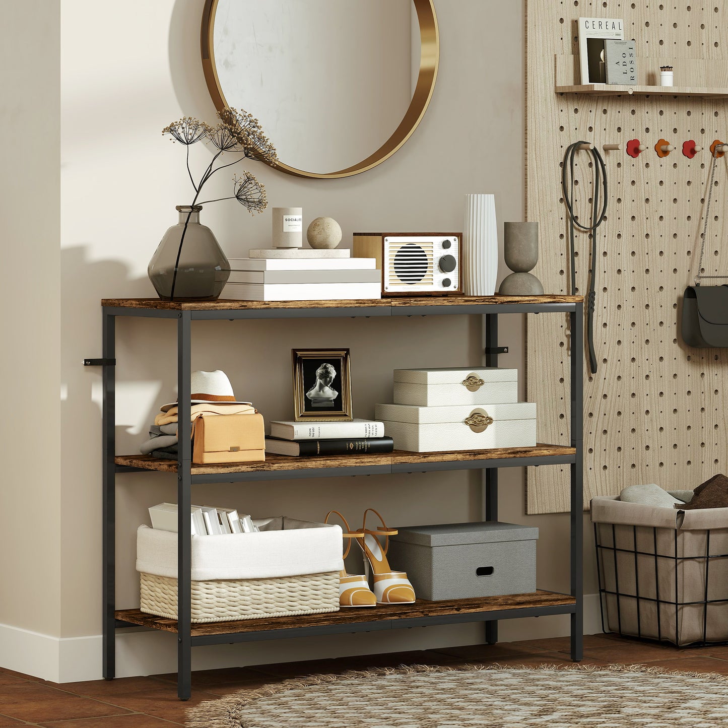 3-Tier Console Table with Storage Shelves - Rustic Brown