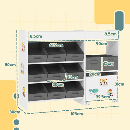 Kids Toy Storage Unit with 11 Bins, Cabinet, Top Shelves, 3 Stickers, for Nursery, Playroom, White