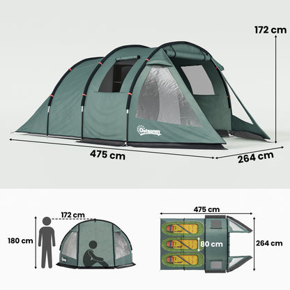 Two Room Tunnel Tent Camping Tent for 3 Man with Windows, Covers, Carry Bag, for Fishing, Hiking, Sports, Green